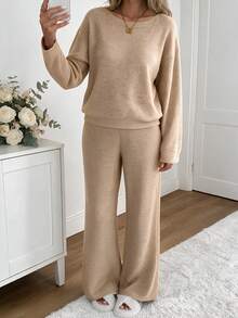 Women's Oatmeal Ribbed Knit Boat Neck Long Sleeve Top & Wide Leg Pants Two Pieces Set, Cozy Casual Loungewear Daily Wear - Oatmeal Color - View 6
