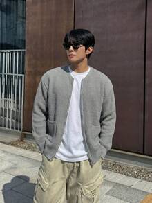 Men's Zip-Up Cardigan Sweater, Loose Casual Relaxed Minimalist Versatile Drop Shoulder Solid Color Lightweight Knit Jacket, Autumn/Winter - Grey - View 2