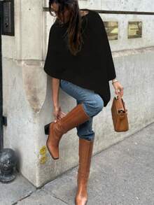 Fashionable Solid Color Ribbed Shawl, Everyday Wear, Autumn/Winter Black Spring - Black - View 5