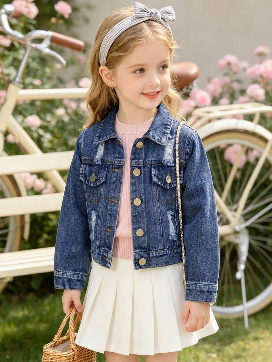 Young Girl' Distressed Washed Denim Jacket, American Style Turn-Down Collar Vintage Ripped Short Denim Coat For Boys And Girls - Royal Blue - View 1