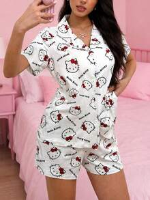 Noctvar OBM Sleepwear X Hello Kitty Set Piyama Hello Kitty Motif Seluruh Permukaan Gaya Anak Perempuan, Atasan Kardigan Kerah Lengan Pendek + Celana Pendek 2 Potong - Putih - View 1