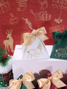 5 Buah Kotak Hadiah Piramida Selamat Natal dengan Pita Satin, Motif Pohon Natal Emas & Kepingan Salju, Kotak Hadiah Mini Elegan Merah Hijau Putih untuk Pesta Natal, Hadiah Liburan, Pernikahan & Acara Meriah - 7,5X7,5X7,5cm - View 5