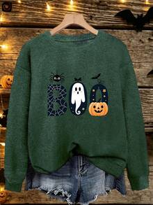 Plus Size Women's Ghost Reading Bookshelf Graphic Casual Pullover Sweater - Dark Forest Green - View 1