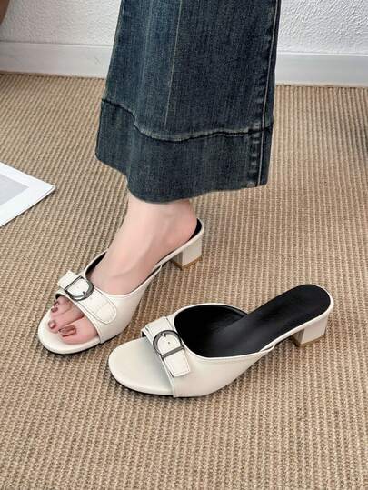 1 Pair Women's Black Buckle Short Chunky Heel Sandals, Elegant Commuter Style, Fashionable Versatile High Heel Sandals