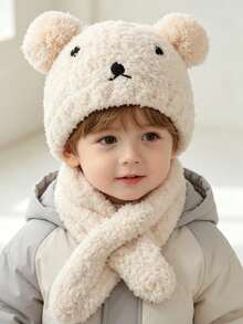 Autumn/Winter Knitted Knitted Hat & Scarf Set For Kids, Unisex Baby Cartoon Bear Earflap Hat 2-Piece Set, Warm - 1PC - View 1