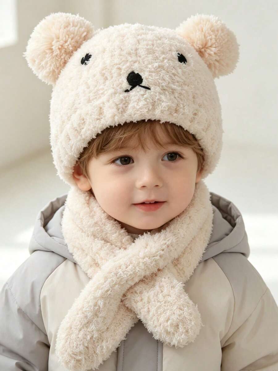 Autumn/Winter Knitted Knitted Hat & Scarf Set For Kids, Unisex Baby Cartoon Bear Earflap Hat 2-Piece Set, Warm - 1PC - View 1