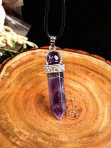 Natural Crystal Hexagonal Pillar Pendant Necklace, Rotating Round Bead Crystal Pillar Charm, Vintage Silver-Tone Leather Cord Necklace, Healing Energy Stone Accessory - Round Bead Single Point Pendant - View 15