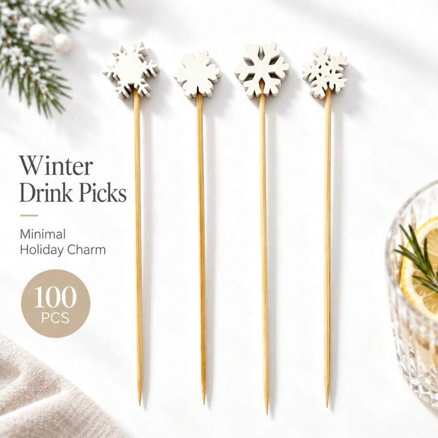 Exquisite And Cute Christmas Snowflake Style Food Skewers (Made Of Natural Bamboo With A Smooth Surface), 100pcs/Pack, Cute Design Cocktail Sets, Used For Fruit Plates, Cooked Food, And Party Decorations - White - View 1