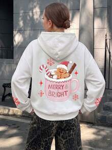 Women's White Christmas Gingerbread Man Print Long Sleeve Sweatshirt, Ribbed Knit Details, Winter Warm Lining Pullover - White - View 2