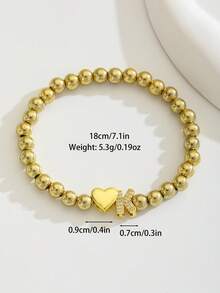 1件女孩用金色珠飾字母心形吊飾彈力手鍊，閃亮水鑽兒童飾品，派對生日禮物，日常配戴 - 金色 - 查看 5