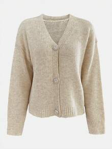 Women's V-Neck Rhinestone Button Loose Long Sleeve Autumn/Winter Casual Fashion Versatile Slouchy Knit Cardigan Sweater - Khaki - View 6