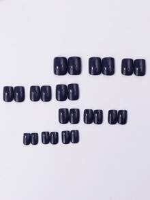 24pcs Short Round Press-On Nails, Solid Deep Blue Fake Nails, Glossy Minimalist Manicure, Enhances Elegance, Suitable For Daily, Date, Party, Includes Jelly Glue And Nail File - Navy Blue - View 3