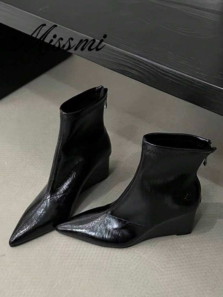 High-End Maillard Brown Pointed Toe Wedge Heel Ankle Boots For Women, Back Zipper Skinny Boots, Autumn/Winter Short Booties - Black - View 1