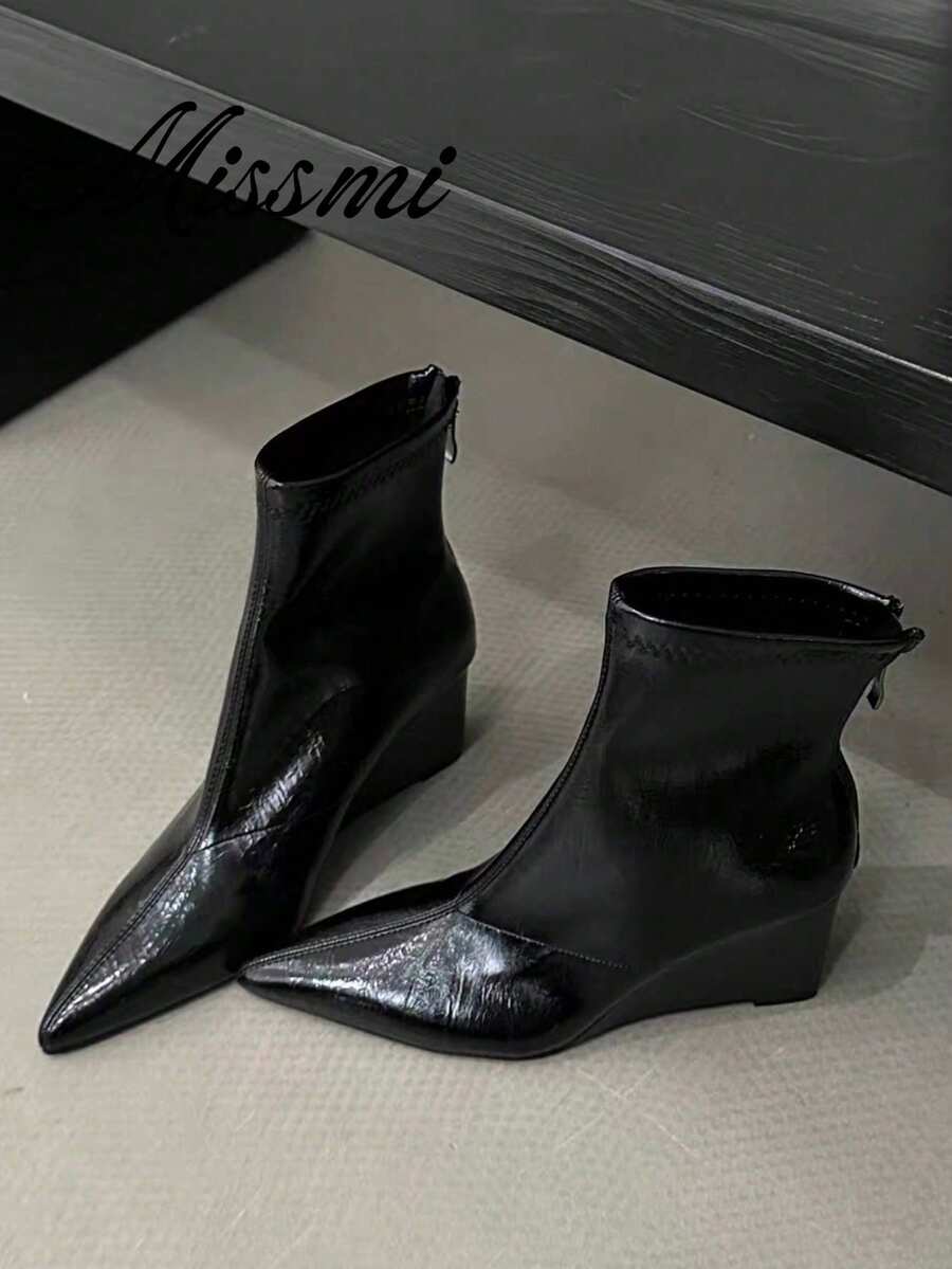 High-End Maillard Brown Pointed Toe Wedge Heel Ankle Boots For Women, Back Zipper Skinny Boots, Autumn/Winter Short Booties - Black - View 1