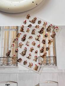 1 Sheet Flat Christmas Nail Stickers, Cute Realistic Cat & Dog Santa Hat Pattern Self-Adhesive Nail Art Decorations - Multicolor - View 7