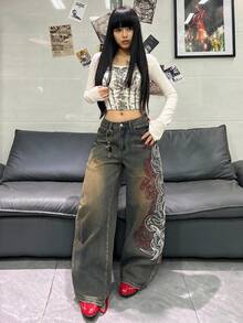 1件女款寬鬆刺繡寬腿牛仔褲，舒適休閒高街百搭丹寧長褲（不含腰帶/配件）秋季 - 銅色 - 查看 4