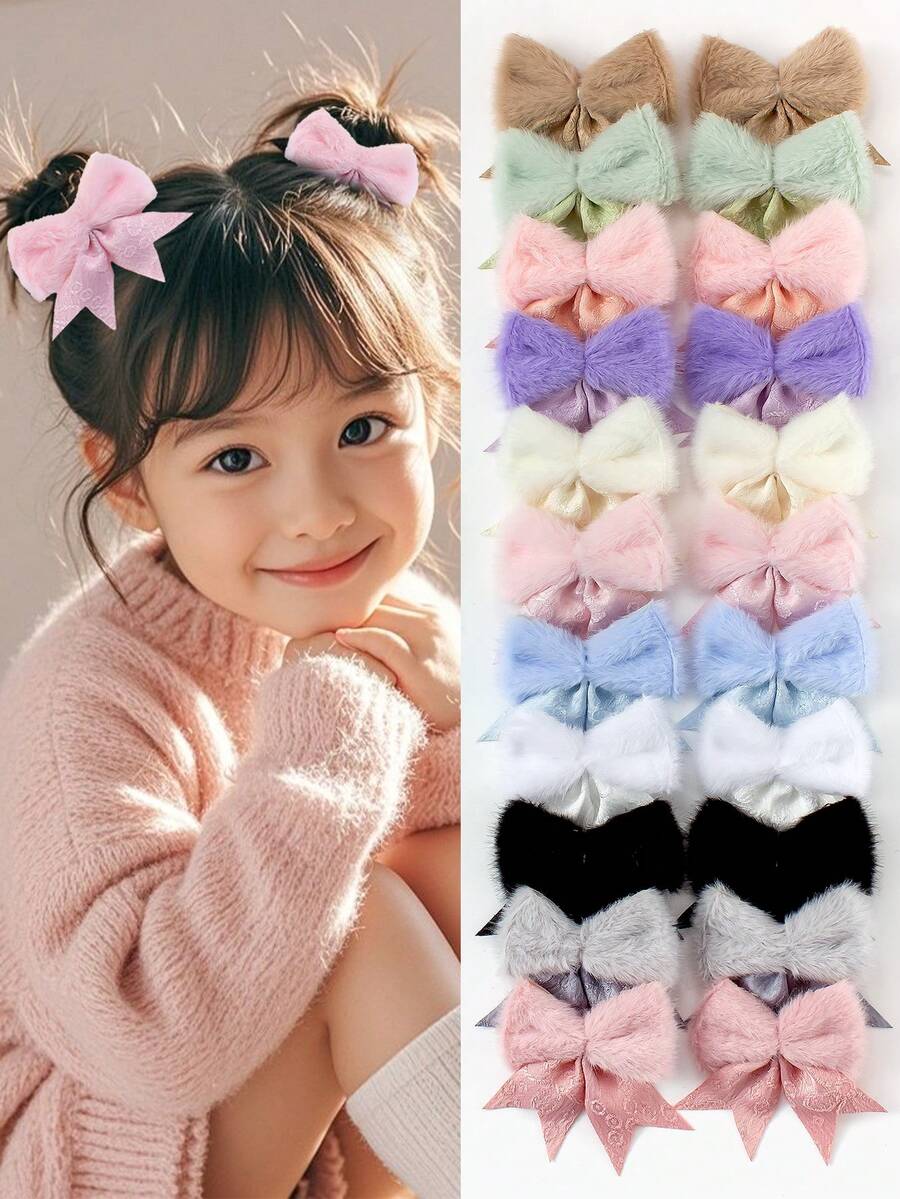 10个随机彩色毛绒蝴蝶结发夹，质感燕尾发卡，可爱女孩毛绒发饰，适合日常佩戴和派对 - 彩色 - 查看 1