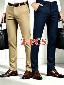 2pcs Men's Spring/Autumn Business Professional Fashion Casual Suit Pants, Suitable For Office Commute, Weekend Outings And Other Occasions - Multicolor - View 2