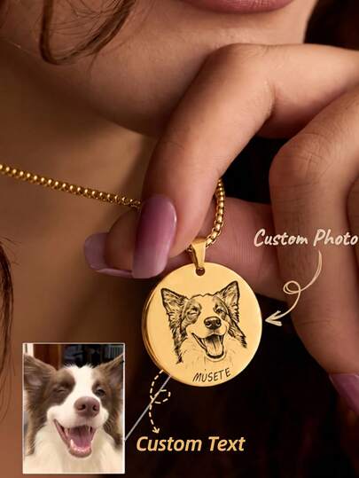 Customized Photo Necklace Personalized Name Pendant Stainless Steel Round Engraved Pet Portrait Charm Fashion Luxury Women's Jewelry For Daily/Party/Banquet Wear Valentine's Day Gift For Girlfriend Christmas Memorial Gift For Pet Owners