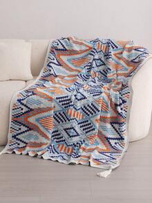 1 pieza Manta de cama con patrón geométrico, manta de cama de punto rectangular de estilo nórdico de poliéster apta para uso en el hogar y la oficina, de uso diario - ukelele azul - Ver 1