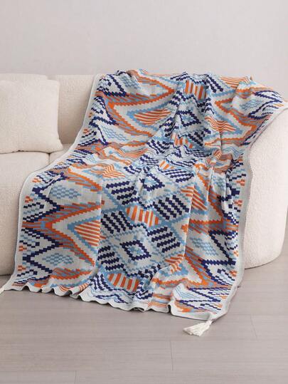 1pc Geometric Pattern Bed Blanket, Nordic Style Polyester Rectangle Knitted Bed Blanket Suitable For Home And Office Use, Daily Use