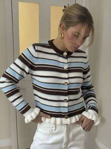 Women's Autumn Set: Vintage Multi-Color Striped Ruffle Round Neck Long Sleeve Cardigan With Metal Buttons, Suitable For Daily And Office Wear - Multicolor - View 5