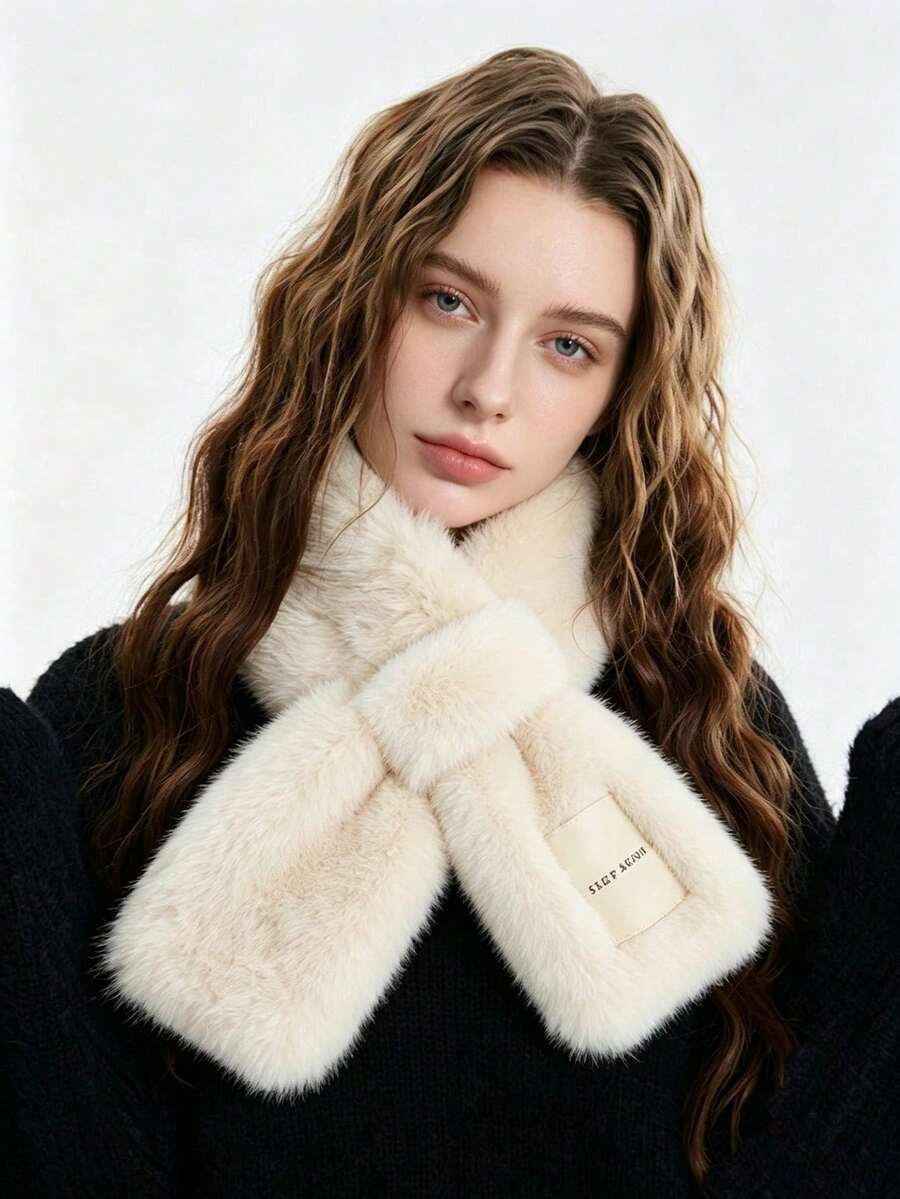 Women's Faux Fur Collar Warm Scarf, Solid Color Fluffy Fleece, Cross Tie Design With Label, Minimalist Style, Suitable For Spring, Autumn, Winter Daily Wear - Multicolor - View 1