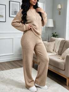 Women's Oatmeal Ribbed Knit Boat Neck Long Sleeve Top & Wide Leg Pants Two Pieces Set, Cozy Casual Loungewear Daily Wear - Oatmeal Color - View 5