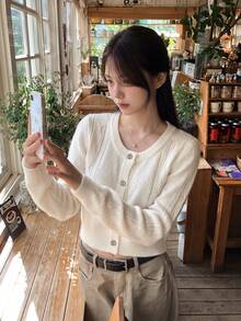 Minimalist Sexy Style Crochet Hollow Out Exquisite Button Knit Sweater Women Autumn/Winter New Round Neck Soft Fluffy Long Sleeve Crop Top - Apricot - View 4