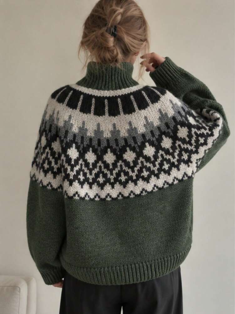 Island Pattern High Neck Long Sleeve Sweater, Loose Drop Shoulder Design, Fall Clothes For Women,Fall, Autumn Outfits For Women,Fall Clothes ,Autumn Clothes Fall Decorfall Outfits ,Autumn Outfit - Dark Green - View 3