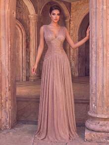 Women's Romantic Long Sleeve Deep V-Neck Dress, Pleated Detail Design, Flared Hem, Glamorous Style - Dusty Pink - View 4