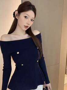 2026 Double-Row Gold Button Off-Shoulder Ribbed Knit Top, Fold-Over Off-Shoulder Slim Fit Long Sleeve, Ruffle Fish Tail Hem Waist-Cinching Cropped Base Layer, Commuter Sexy Aesthetic Elastic Knit Sweater - Royal Blue - View 3