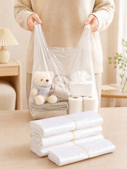 50pcs, Quantity And Size Optional, Transparent White Plastic Garbage Bags, Shopping Bags, Portable Storage Bags, White Vest Bags With Handles, High-Temperature Sealed Bottom, Strong Load-Bearing, Not Easy To Drip