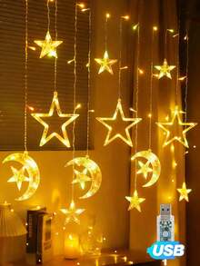 1 buah Lampu Tirai Peri LED Bintang dan Bulan Putih Hangat dengan Dekorasi Gantung Bercahaya, Cocok untuk Karnaval, Pernikahan, Pesta, dan Acara Keluarga - Lampu Tirai Bulan Merangkul Bintang - Bintang Besar - View 10