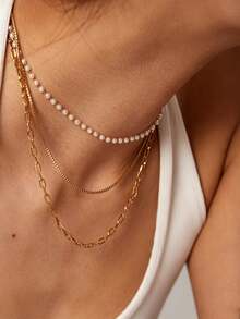 1pc 3-Layer Stacked Minimalist Versatile Necklace For Women, Stainless Steel With Gold Plating, Old Money Style - Gold - View 1
