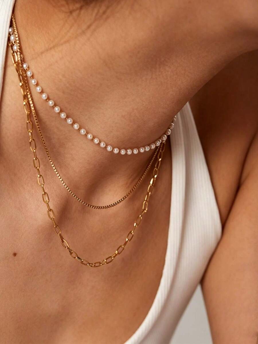 1pc 3-Layer Stacked Minimalist Versatile Necklace For Women, Stainless Steel With Gold Plating, Old Money Style - Gold - View 1