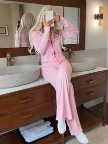 Women's Pink 2Pcs Pajama Set Ruffle-Trimmed Tie-Front Long-Sleeve Top & Wide-Leg Pants Heart Jacquard Knit Cute Loungewear Sleepwear Valentine's Day - Pink - View 6