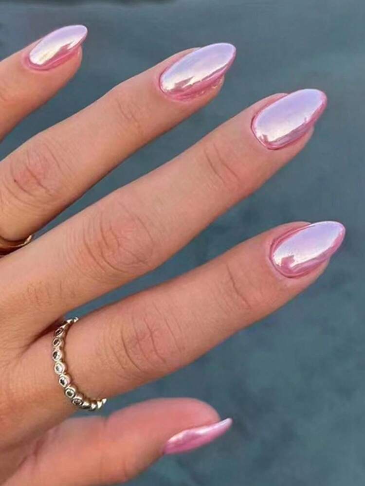 24pcs/Set Pink Short Oval Press-On Nails, Pearlescent Design, Similar To Influencer Champagne Fine Glitter False Nails, Suitable For Women And Girls Daily DIY, Work, Study And Party Use, Also Can Be Given As A Gift - Multicolor - View 1