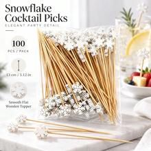 Exquisite And Cute Christmas Snowflake Style Food Skewers (Made Of Natural Bamboo With A Smooth Surface), 100pcs/Pack, Cute Design Cocktail Sets, Used For Fruit Plates, Cooked Food, And Party Decorations - White - View 9
