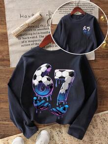 Tween Boy Casual Fun Graphic Print Crew Neck Pullover Long Sleeve T-Shirt, Autumn/Winter Top - Navy Blue - View 3