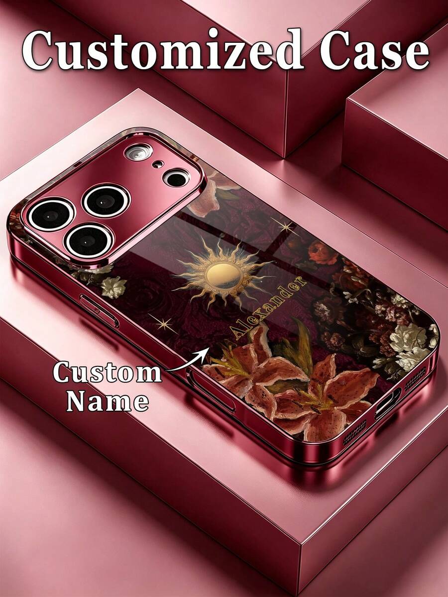 1件客製化姓名時尚手機殼，深色復古油畫花卉太陽神圖案，酒紅電鍍邊框高畫質玻璃殼，適用於 Apple 18ProMax/17ProMax/16Pro/15/14Plus/13Pro/12ProMax/11/XsMax & S26Ultra/25Plus/24/23/22 & A36/A35/A33/A31/A26/A15/A13/Note20/10Pro 及其他系列機型，精確開孔，靈敏按鍵，凸起全鏡頭保護，個性化獨家，完美禮物，充滿儀式感 - 酒紅色 - 查看 1