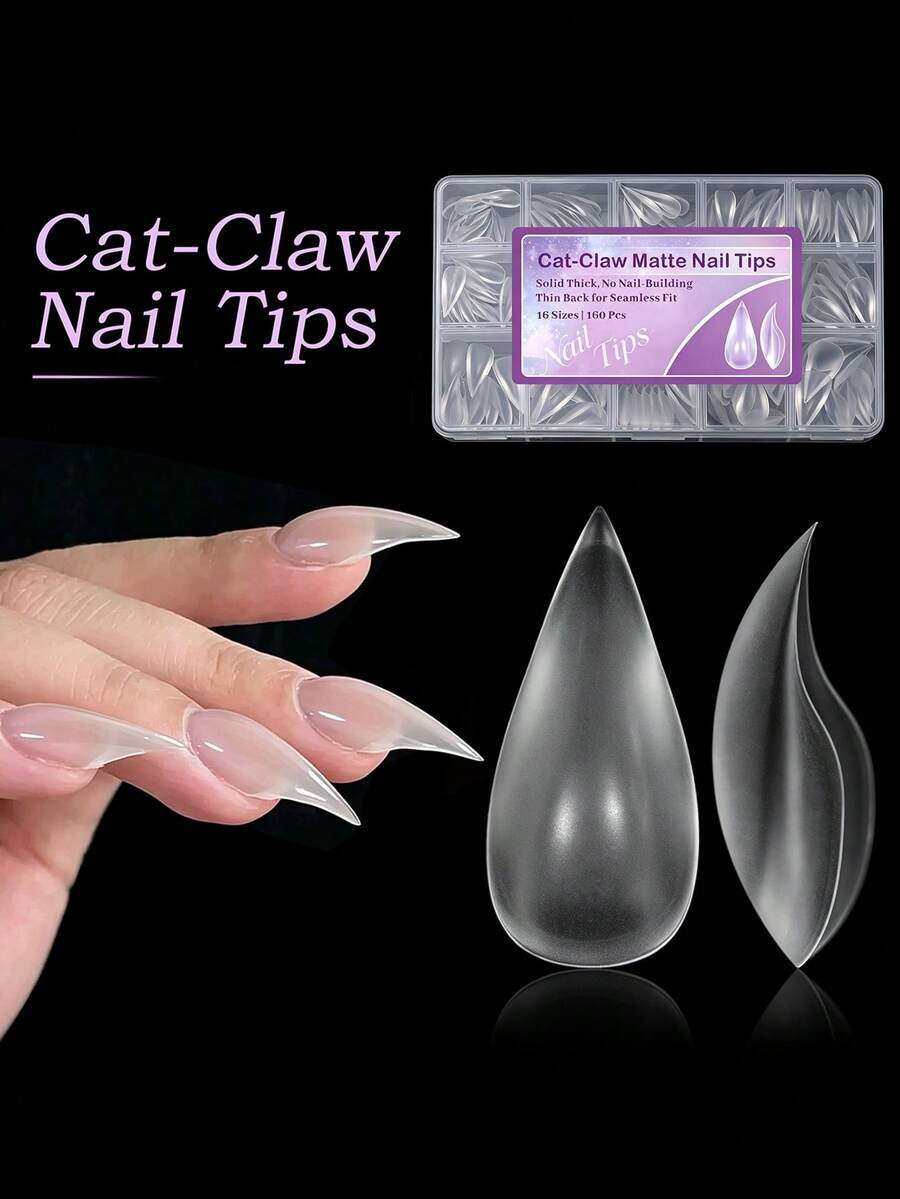 160PCS/Box Cat Claw Matte Nail Tips, No-Build Solid Thickened Full Cover False Nails, 3.5mm Translucent Tapered Pointed Fake Nails, Acrylic Nail Extensions Press On Nails For DIY Manicure Nail Art - Clear - View 1