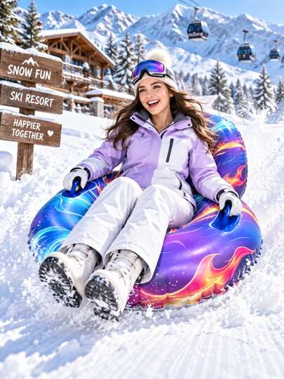 1pc 80cm Backrest Inflatable Snow Tube, Colorful Starry Sky Lava Pattern Snow Sled Seat, With Dual Safety Handles, Comfortable Sitting Inflatable Snow Sled, Winter Outdoor, Suitable For Ski Resort, Family Outdoor Activities, Christmas Winter Gift, Holiday Essential, Fitness Equipment, Snow Sled, Outdoor