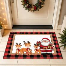 1pc Soft Faux Cashmere Material Floor Mat, Christmas Cartoon Santa Claus & Reindeer Pattern, Plaid Decor Non-Slip Mat, Suitable For Kitchen, Bathroom, Entrance, Bedroom Door, Multi-Scene Use Anti-Slip Floor Mat, Room Decor, Holiday Gift - Multicolor - View 2