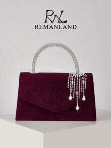 REMANLAND Charming Burgundy Handbag With Crystal Decorated Handle And Draping Details, Elegant Party Clutch Suitable For Banquets, Receptions And Evening Gowns - Burgundy - View 1