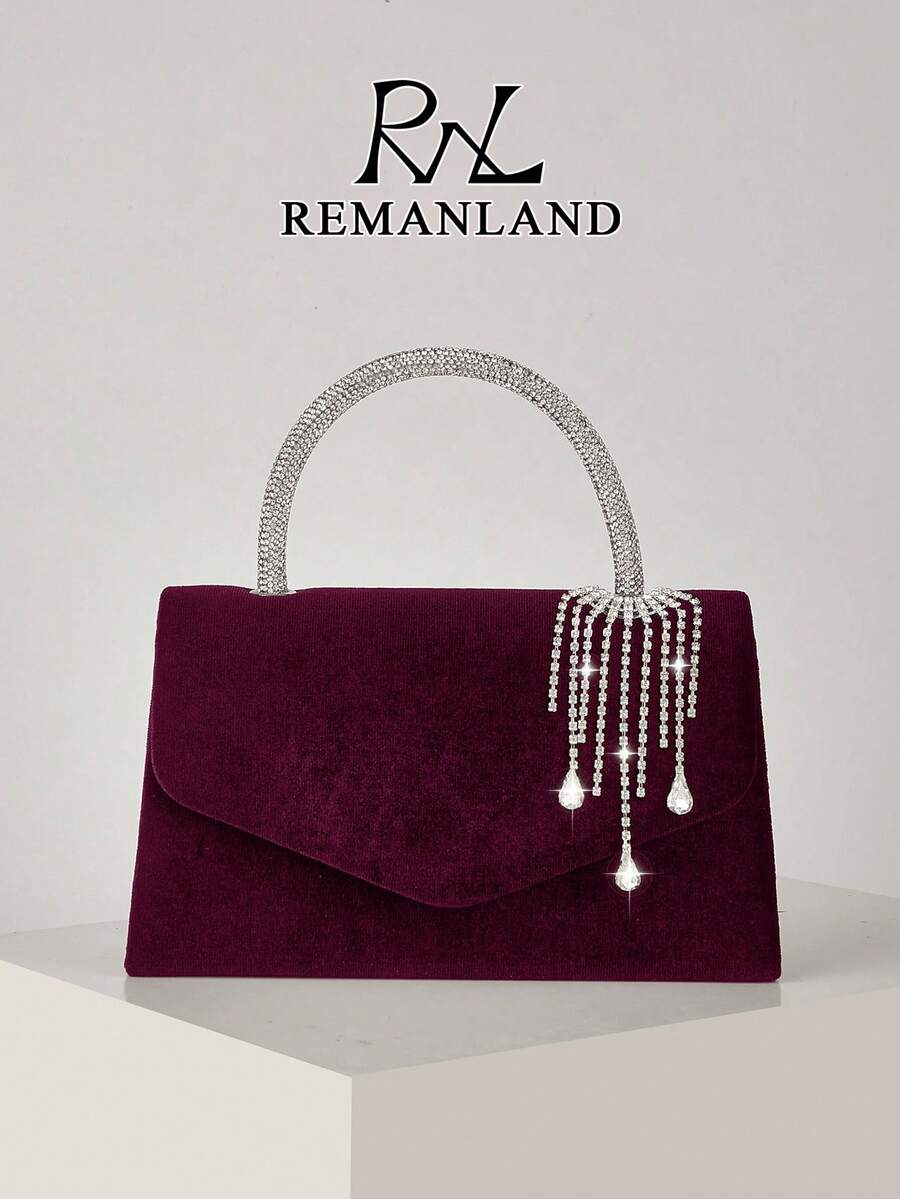 REMANLAND Charming Burgundy Handbag With Crystal Decorated Handle And Draping Details, Elegant Party Clutch Suitable For Banquets, Receptions And Evening Gowns - Burgundy - View 1