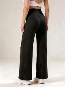 Solid Color High Waist Casual Straight Leg Stretch Pants Black - Black - View 5
