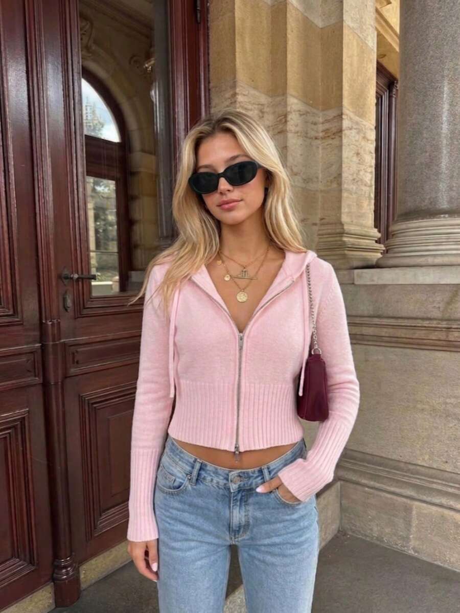 Women's Pink Knitted Short Zip-Up Hoodie Long Sleeve Sweater, Essential Casual Wear For Spring. - Pink - View 1