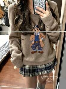 Women's Long Sleeve Crew Neck Sweater With Cute Fashion Bear Print, Perfect For Daily Commute - Earth Gray - View 1