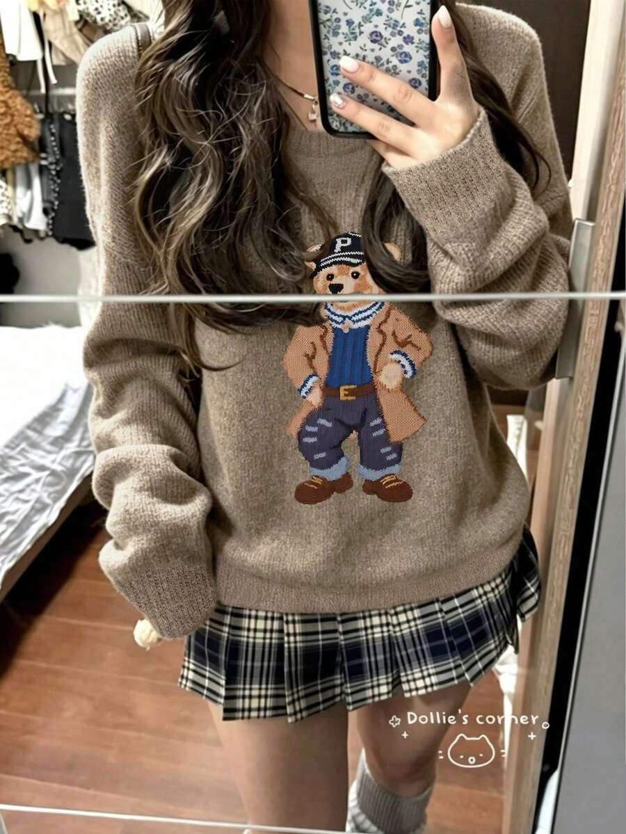Women's Long Sleeve Crew Neck Sweater With Cute Fashion Bear Print, Perfect For Daily Commute - Earth Gray - View 1